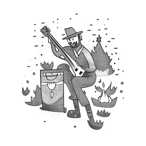 A campfire with a guitar and a gun leaning against a tree tattoo design idea