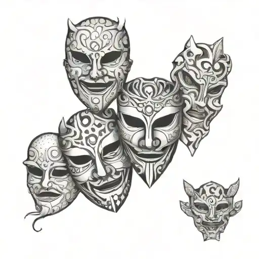 3 different masks tragedy and comedy tattoo design idea
