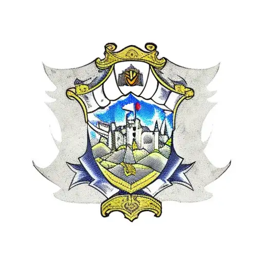 medieval city scenen with castles, mythical and biblical creatures, knights tattoo design idea