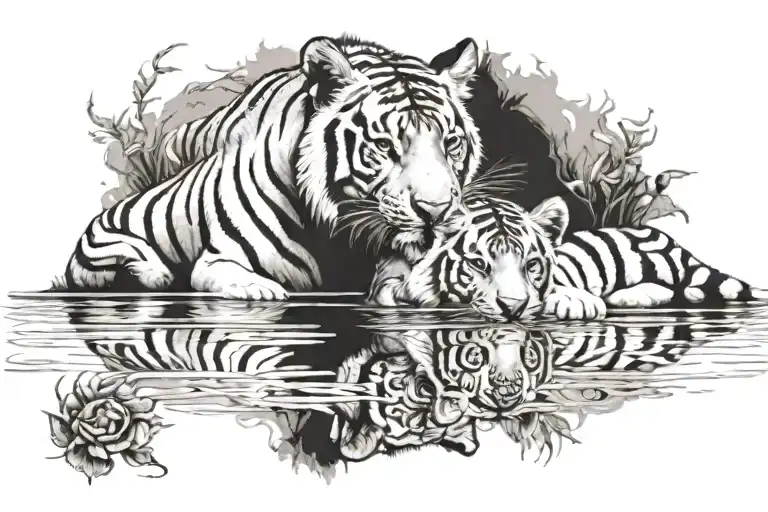 tiger and lion cub reflection in water darken everything tattoo design idea