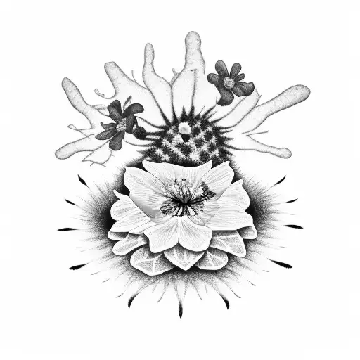 Saguaro cactus with one small blue/pink hibiscus flower blooming. A white backpack on ground in front of Yellowstone mou tattoo design idea