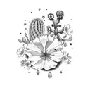 Saguaro cactus with one small blue/pink hibiscus flower blooming. A white backpack on ground in front of Yellowstone mou tattoo design idea