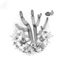 Saguaro cactus with one small blue/pink hibiscus flower blooming. A white backpack on ground in front of Yellowstone mou tattoo design idea