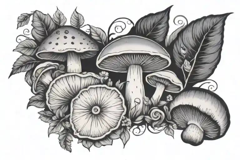 mushrooms, snails, botanical elements tattoo design idea