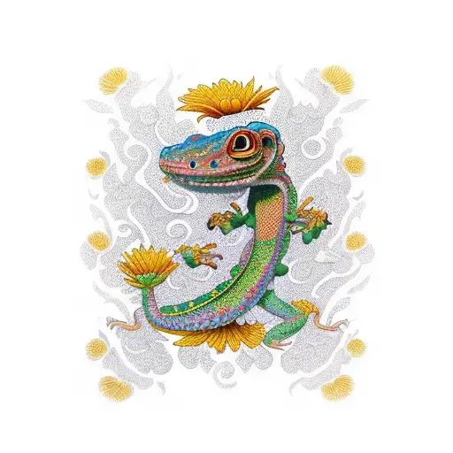 a giant gecko with gold chrysanthemum, surrealistic,Delicate and gorgeous face tattoo design idea