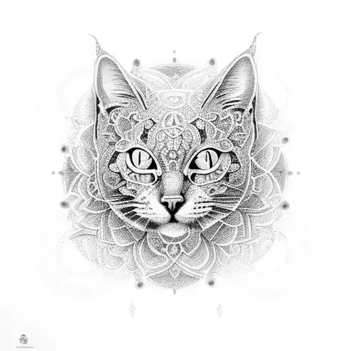 An intricate dotwork mandala featuring a hidden cat and the letter M as a central element tattoo design idea