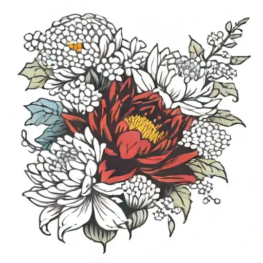 chrysanthemum, carnation,water lily, daisy bouquet tattoo design idea