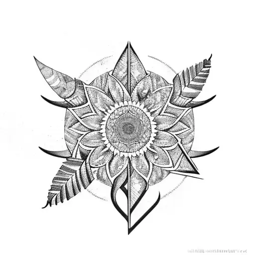 A boho-style arrow with intricate patterns and feathers, surrounded by sunflowers and nature elements tattoo design idea