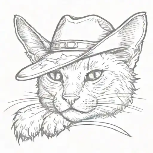 line drawing of a cat with a cowboy hat on  tattoo design idea