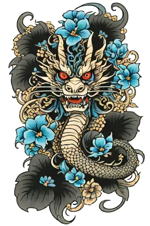 yakuza dragon and  blue  flowers tattoo design idea