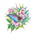 Flowers butterflys and a dragon  From the buttock to the knee tattoo design idea