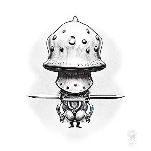 a mushroom character with two legs and two arms in a knight’s armor holding a sword tattoo design idea