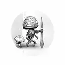 a small mushroom character with two legs and two arms in a knight’s armor holding a sword tattoo design idea