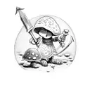 a small mushroom character with two legs and two arms in a knight’s armor holding a sword tattoo design idea