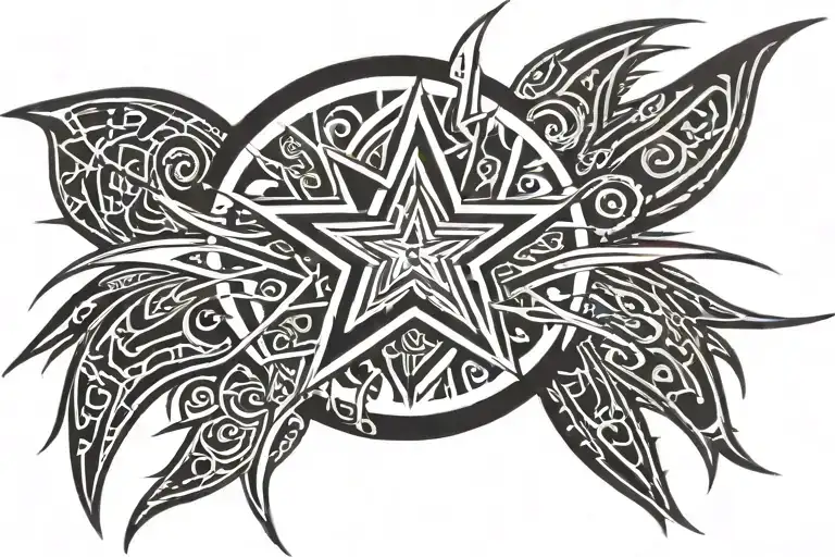A long tribal tattoo with a blade-like gradient effect and an emo-style star in the center, mainly in black and gray. tattoo design idea
