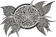 A long tribal tattoo with a blade-like gradient effect and an emo-style star in the center, mainly in black and gray. tattoo design idea