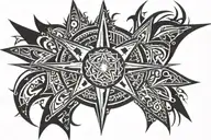 A long tribal tattoo with a blade-like gradient effect and an emo-style star in the center, mainly in black and gray. tattoo design idea