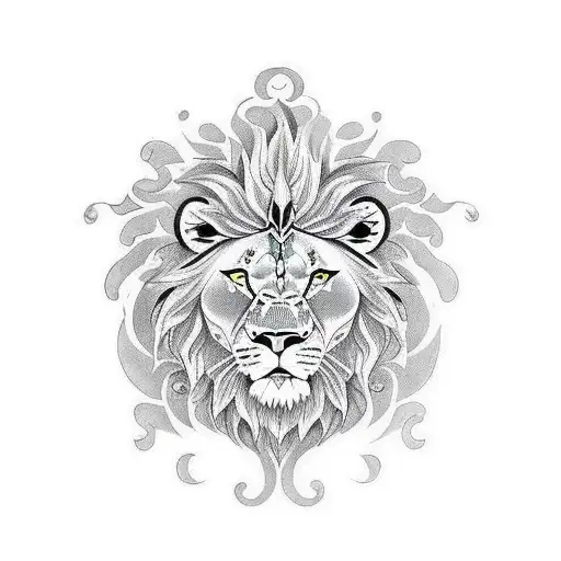 a tattoo design where the powerful face of a lion stands out but if you see the Yin Yang, the balance of good and bad, a tattoo design idea