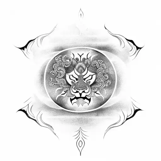 A fierce lion of fire in a yin yang symbol, symbolizing balance and strengt, good and bad, power of fire  tattoo design idea
