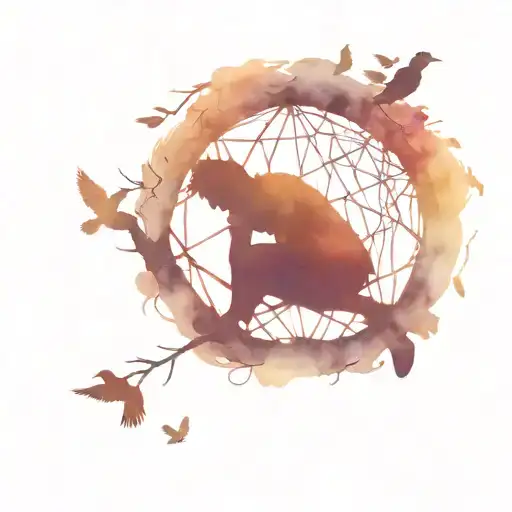 a boy sitting in a tree silhouette surrounded by birds, tree is in a shape of dreamcatcher tattoo design idea