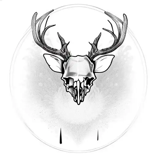 deer skull surrounded by chrysanthemum and lotus in black and white for man tattoo design idea