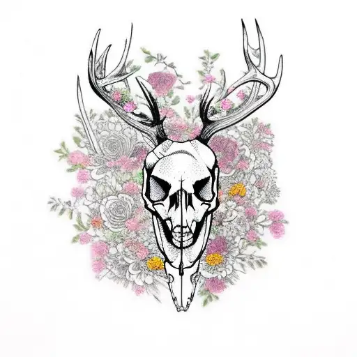 deer skull surrounded by flowers tattoo design idea