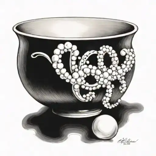 A bowl of very large pearls. On the side of the bowl is written the word hallelujah twice. tattoo design idea