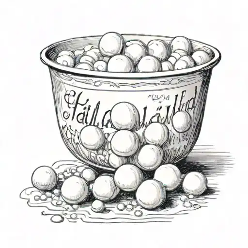 A bowl of very large pearls. On the side of the bowl is written the word hallelujah twice. tattoo design idea