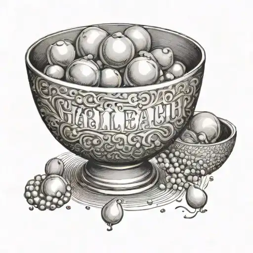 A bowl of very large pearls. On the side of the bowl is written the word hallelujah twice. tattoo design idea