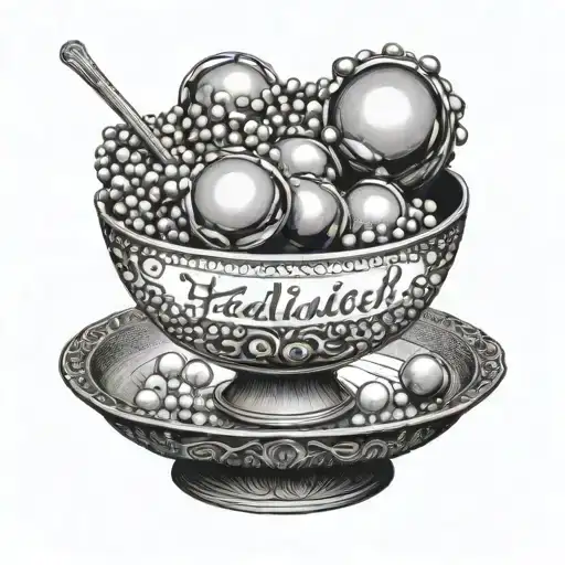 A bowl of very large pearls. On the side of the bowl is written the word hallelujah twice, one on top of the other tattoo design idea