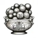 A bowl of very large pearls. On the side of the bowl is written the word hallelujah twice, one on top of the other tattoo design idea