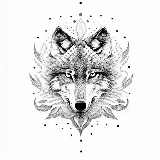 A dotwork design of a wolf surrounded by intricate forest details tattoo design idea
