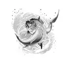 An intricate tattoo design of a Magikarp jumping out of water while fishing, done in dotwork style tattoo design idea