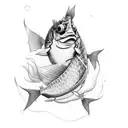 An intricate tattoo design of a Magikarp jumping out of water while fishing, done in dotwork style tattoo design idea