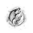 An intricate tattoo design of a Magikarp jumping out of water while fishing, done in dotwork style tattoo design idea