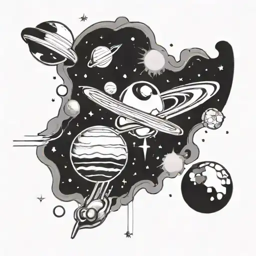 A cosmic scene featuring your favorite space objects like planets, quasars, stars, blackholes, and nebulae, combined with elements from Marvel, Hazbin Hotel, Marauders, and Interstellar tattoo design idea