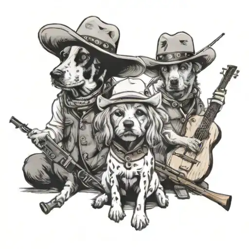 A country music concert scene with dogs in the audience wearing cowboy hats and fishing vests tattoo design idea