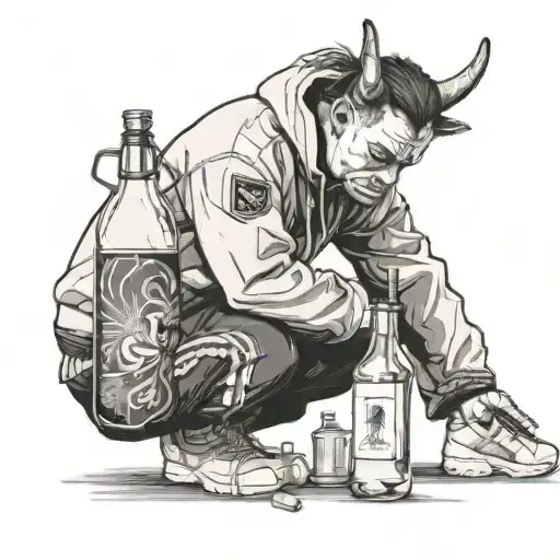 man crouched wearing an adidas tracksuit, holding a bottle of vodka and his head is the head of a cow tattoo design idea
