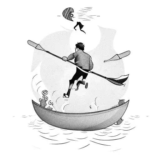 man jumping out of a row boat at night tattoo design idea