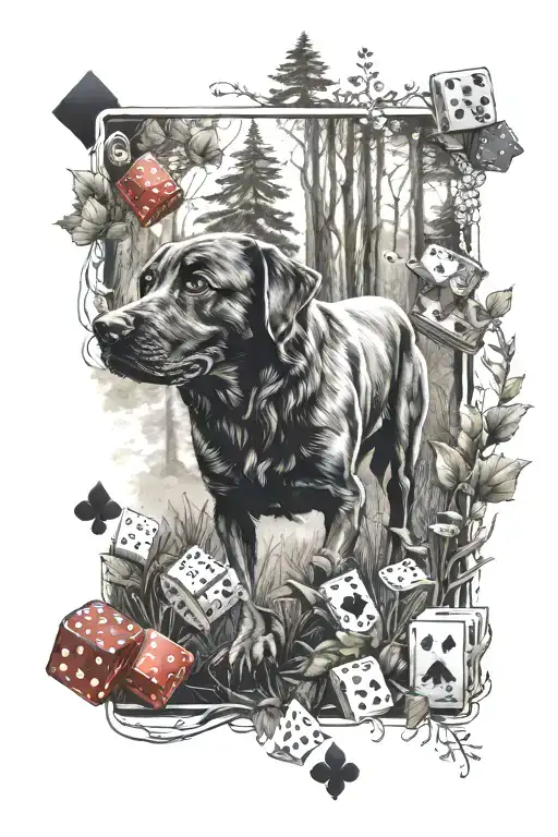 A tattoo design of a forest scene with hidden gambling symbols like dice and cards, with a Labrador walking thro tattoo design idea