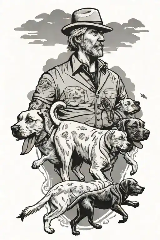A business owner walking a pack of Labrador dogs through a gambling-themed landscape tattoo design idea