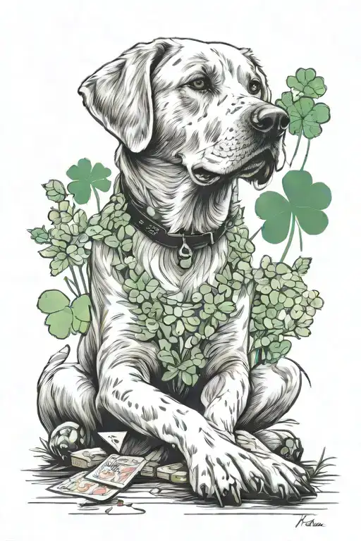 A tattoo design of a Labrador sitting in a forest clearing, surrounded by smoke & gambling items like number 7 & clovers tattoo design idea
