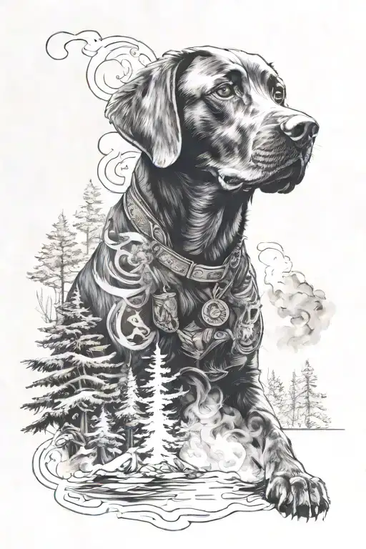 A tattoo design of a Labrador sitting in a forest clearing, surrounded by smoke and lucky symbols like horses tattoo design idea