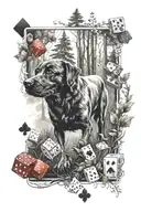 A tattoo design of a forest scene with hidden gambling symbols like dice and cards, with a Labrador walking thro tattoo design idea