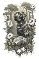 A tattoo design of a forest scene with hidden gambling symbols like dice and cards, with a Labrador walking thro tattoo design idea