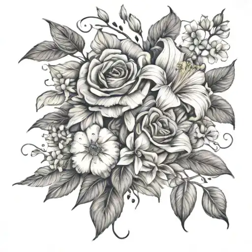 A beautiful bouquet of your favorite flowers (rose, hibiscus, daisy, iris, columbine, sunflower) intertwined with delicate vines and leaves tattoo design idea