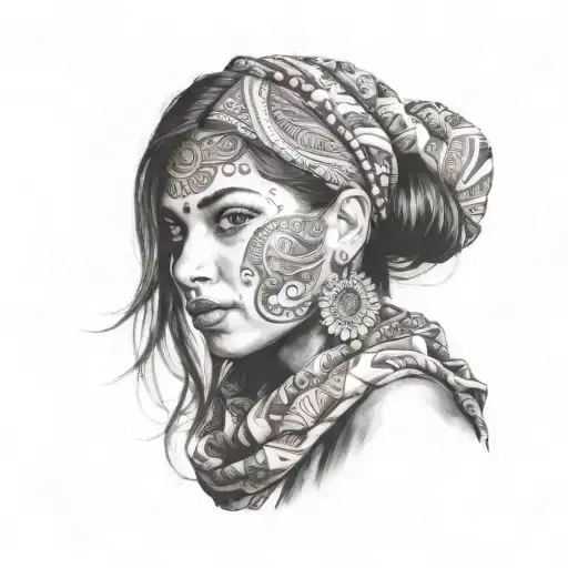 Latino girl bright eyes wearing a paisley bandana around nose and mouth  tattoo design idea