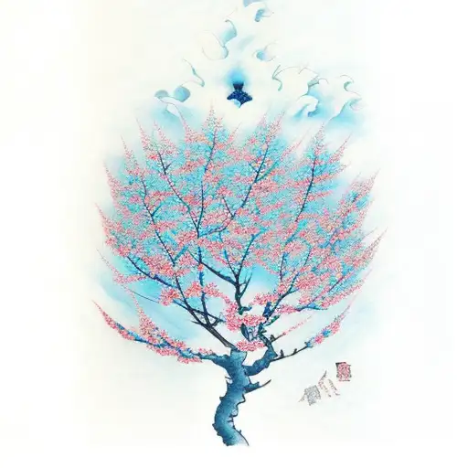 cherry trees with a blue background tattoo design idea