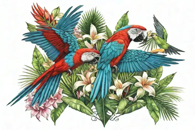 Red and Green Macaw flying away surrounded by tropical flowers heliconia, ginger, palm leaves. fiery throated hummingbi  tattoo design idea