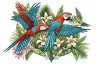 Red and Green Macaw flying away surrounded by tropical flowers heliconia, ginger, palm leaves. fiery throated hummingbi  tattoo design idea